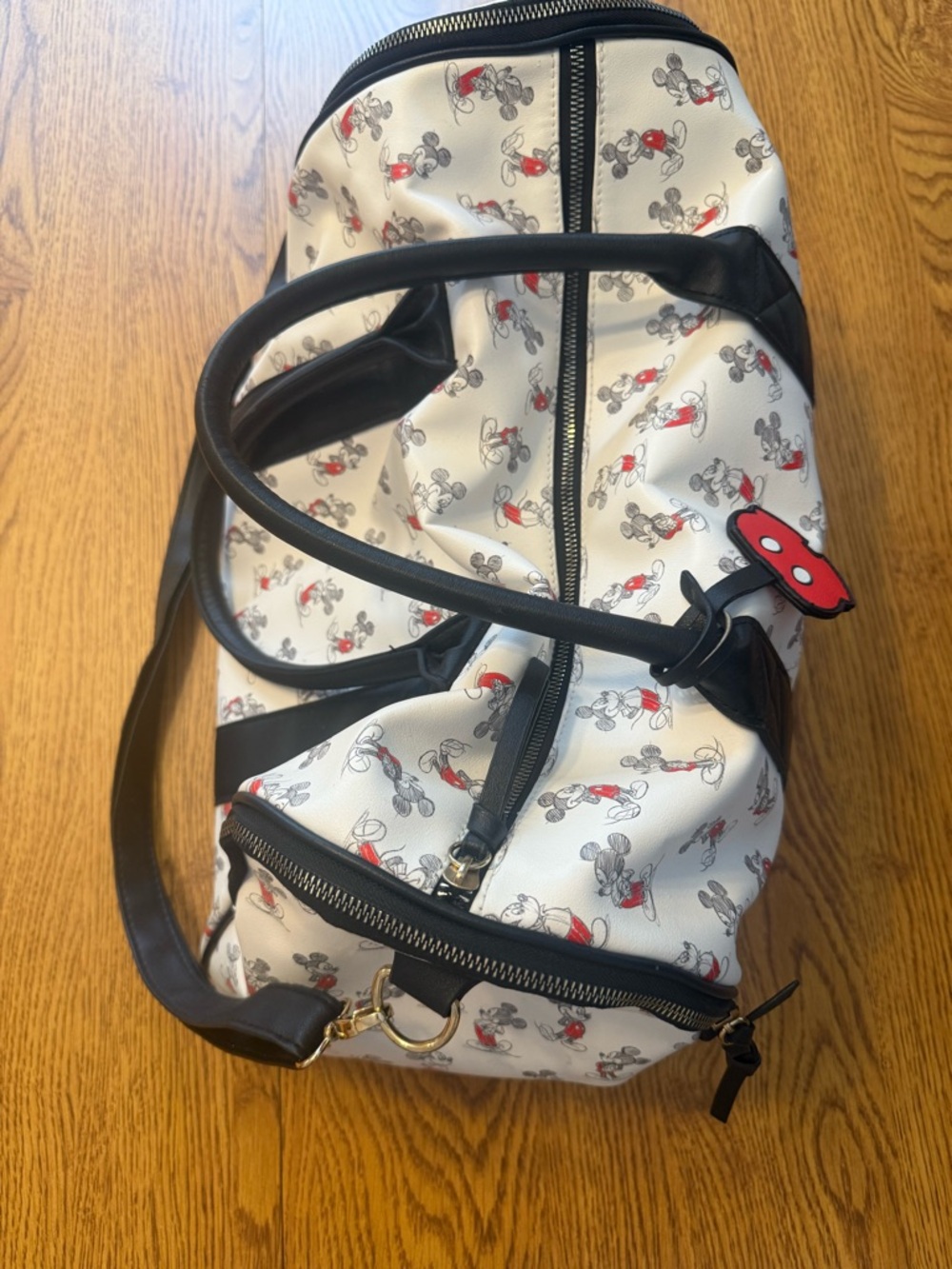 White Mickey Print Weekender Bag with Black Trim